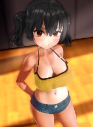 1girls 3d arms_behind_back big_breasts black_hair breasts brown_eyes busty cleavage denim denim_shorts female female_only gaki_kyonyuu grin hi_res kanna_sasaki_(kaedeko) large_breasts legs looking_at_viewer medium_hair midriff navel original original_character pose posing short_shorts shorts smile sweat tan tank_top tanline tanlines thighs twintails voluptuous