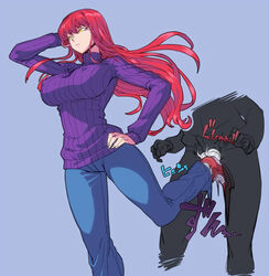 1boy ballbusting biriri_(spacezin) breasts cbt cock_and_ball_torture crotch_kick denim erect_nipples female femdom gijinka hand_on_hip impossible_clothes jeans kicking_balls large_breasts legs pants personification pokemon red_hair ribbed_sweater shoes sneakers spacezin sweater tamakeri testicles testicular_assault thighs turtleneck voltorb yellow_eyes