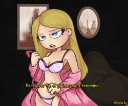 blonde_female blonde_hair blue_eyes coat coat_on_shoulders fhs fhsz3r0 fnafhs fnafhs_z3ro fnafhsrule34 homerbls joy_(fnafhs) lingerie lingerie_only looking_at_viewer rich_girl seducing seducing_viewer seductive seductive_look spanish_text underwear