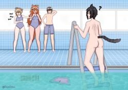 2boys 2girls back_view background_characters black_hair catboy embarrassed femboy laughing lost_clothes nekoruna pool swimming_pool swimwear