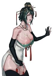 1girls after_sex breasts bukkake clothed cum cum_in_pussy cum_on_body cum_on_face dark_green_hair female green_hair hanying large_breasts punishing:_gray_raven purple_eyes robot_girl uncensored