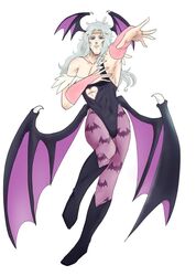 1boy animal_print bat_print clothing cosplay crossdressing darkstalkers head_wings hokuto_no_ken ki_ningyo male male_only morrigan_aensland_(cosplay) posing toki_(hokuto_no_ken) white_hair wings