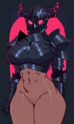 1girls ai_generated armor bottomless bottomless_knight chest_armor dark_skin female_knight glowing_eyes golbez_(kosine1777) helmet horns huge_breasts knight kosine1777 kosineverse muscular muscular_female night original original_character pussy red_eyes vagina