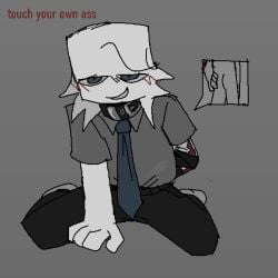 1boy 2d 2d_(artwork) collar funny happy holding original original_character roblox_avatar self_upload smug solo text touching_ass white_skin