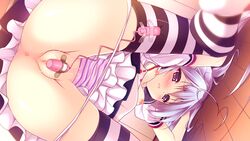 ass bandage bent_over blue_hair censored egg_vibrator highres kainaka_towa mosaic_censoring no_shoes panties panty_pull pov_ass purple_hair pussy_juice shiratama_(shiratamaco) striped striped_legwear underwear vibrator zutto_sukishite_takusan_sukishite