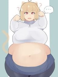 ... ? ahoge arcueid_brunestud bbw belly belly_focus bellybutton big_breasts black_pantyhose blonde_hair blue_skirt blush bottom_heavy breasts cat_ears cat_tail catgirl chubby_female curvy enormous_belly enormous_breasts fat fat_female front_view huge_belly huge_breasts large_belly large_breasts melty_blood napolitane navel necklace obese obese_female oerba_yun_fang pantyhose paw_pose pudgy_belly question_mark red_eyes short_hair skirt sweater tail thick_thighs thighs tsukihime tsukihime_(remake) tummy type-moon weight_gain white_sweater wide_hips