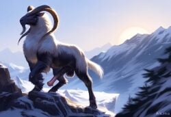 ai_generated anatomically_correct_genitalia cookie-girl equine_penis feral feral_only goat horns mountain_background mountain_goat mountain_range proud proud_of_his_cock snow