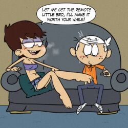 1boy 1girls brother brother_and_sister brown_hair foot_fetish lincoln_loud luna_loud mindgasmyt nickelodeon orange_shirt sister teasing the_loud_house white_hair