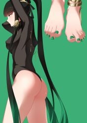 1girls ass bare_legs barefoot black_hair blush breasts close-up feet female foot_fetish green_hair grey_eyes jewelry large_breasts punishing:_gray_raven qu_(artist) qu_(punishing:_gray_raven) robot_girl soles solo toes two_tone_hair