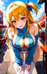 1girls ai_generated anime babe blonde_female blue_sweater busty casual_clothes city cleavage_cutout clouds curvy_female day fairy_tail garter_straps hair_ribbon leaning_forward lipstick long_hair_female looking_at_viewer lucy_heartfilia magical_girl off_shoulder off_shoulder_sweater panties restaurant seductive_look sexy smile stable_diffusion stockings street sweater table thick_thighs toongenai umbrella virgin_killer_sweater voluptuous_female white_stockings witch wood wooden_table