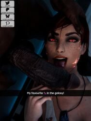 1boy 1girls 3d big_penis cock currysfm dark-skinned_male dark_skin fellatio femshep glowing_eyes huge_cock interracial large_penis licking licking_penis light-skinned_female light_skin looking_at_viewer mass_effect oral oral_sex penis red_eyes renegade_shepard