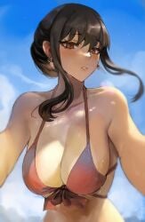 bare_shoulders bikini black_hair blue_sky blush breasts cleavage collarbone day earrings female floating_hair front-tie_bikini_top front-tie_top gold_earrings hairband jewelry large_breasts long_hair looking_at_viewer medium_hair outdoors parted_lips red_bikini red_eyes ribbon sidelocks sky solo spy_x_family swimsuit tommietomm tommy_(kingdukeee) upper_body wet yor_briar