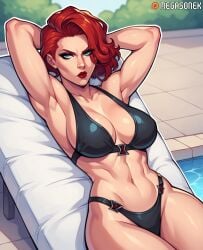 abs ai_generated armpits arms_behind_head arms_up bikini black_bikini black_widow_(marvel) black_widow_(marvel_rivals) blue_eyes breasts cleavage female large_breasts lips looking_at_viewer makeup marvel marvel_cinematic_universe marvel_comics marvel_rivals megasonek muscular muscular_female navel patreon_username pool poolside red_hair red_lips short_hair solo swimsuit watermark