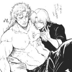 2boys abuto age_difference big_pecs blush dilf gay gintama kamui_(gintama) long_hair long_hair_male male male_only mature mature_male monochrome mullet muscular muscular_male needle nipple_piercing nipple_stimulation ottori pecs piercing sketch stubble sweatdrop topless_male yaoi