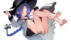 blue_hair braided_ponytail commissioner_upload feet lara_greyrat mushoku_tensei mushoku_tensei:_isekai_ittara_honki_dasu robe_only small_breasts smug_grin sydus vagina wink winking_at_viewer witch_hat