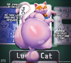 absurd_res ass balatro balls bell bell_collar big_balls big_butt card card_game collar domestic_cat el_booki felid feline felis gaming genitals hi_res male mammal maneki-neko musk musk_clouds overweight overweight_male solo solo_focus speech_bubble text