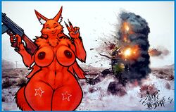 2015 abs anthro breasts canine curves cute cyan_eyes explosion fallout female fox fur kemono looking_at_viewer mammal nelly_(sligarthetiger) nipple_piercing nipples nude one_eye_closed piercing pussy red_fur robobrain rpk sligarthetiger solo soviet thick v video_games voluptuous wide_hips