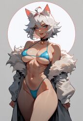 ai ai_generated blue_bikini catgirl collar female furry_coat white_hair