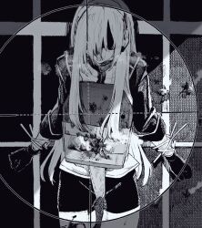 armor_plates bike_shorts blood_on_leg broken_armor bullet_hole dormicum headphones long_hair monochrome open_mouth original original_character steamy_breath sweat wrists_tied zip_tie