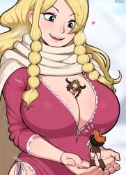 1boy 2girls afrobull black_hair blonde_hair blue_eyes gerd_(one_piece) giant_woman giantess huge_breasts monkey_d_luffy nami_(one_piece) one_piece one_piece:_elbaf_arc orange_hair size_difference tagme tall_female