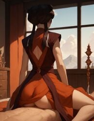 1boy 1girls ai_generated ass ass_focus avatar_the_last_airbender clothed clothed_female clothed_female_nude_male cowgirl_position dress femdom implied_sex mai_(avatar) morning_sex rtxfus rtxfus34 zuko