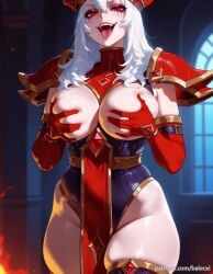 ai_generated balecxi blurry blurry_background breasts_out covering_privates elbow_gloves fangs female grabbing_own_breast hair_between_eyes hands_on_own_breasts hat large_breasts leotard long_hair looking_at_viewer open_mouth patreon_username pauldrons pelvic_curtain red_eyes red_gloves red_headwear sally_whitemane shoulder_armor skindentation smile solo thighhighs tongue tongue_out white_hair world_of_warcraft