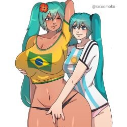 2girls aqua_eyes aqua_hair argentina argentinian argentinian_miku arm_behind_head arm_up big_breasts black_panties blue_eyes blue_hair blush brazil brazilian brazilian_miku breast_grab breast_size_difference chocolate_and_vanilla female female_only fingering flower green_eyes green_hair groping groping_through_clothes hair_flower hatsune_miku latin_american_hatsune_miku_(meme) latina light-skinned_female light_skin long_hair looking_at_another one_eye_closed panties partially_clothed pink_panties racoomoko shirt sportswear tan-skinned_female tan_skin thighs twintails vocaloid yuri