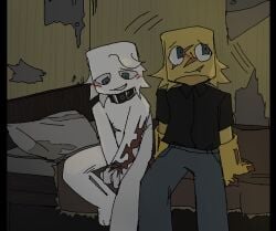 2boys 2d 2d_(artwork) abandoned_building clothed clothed_male_nude_male collar embarrassed gay male_only nude on_bed original original_character resting roblox roblox_avatar scar scar_on_face self_upload sitting smile white_skin yawned_beef yellow_skin