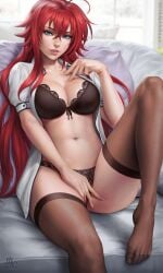 1girls barefoot belly_button blue_eyes bottomless bra breasts coat feet female female_masturbation fingering high_school_dxd leg_up legs_apart lingerie open_shirt red_hair rias_gremory sciamano240 sitting smiling solo solo_female tagme thick_thighs thighhighs underwear voluptuous_female