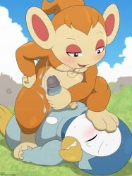 blue_sky chimchar closed_eyes clouds cum cum_on_body cum_on_leg cum_on_penis field grass lying_on_grass male/male male_on_top masturbation monkey nintendo penguin penis penis_grab piplup pokemon pokemon_(species) sky winick-lim