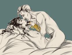 2boys bed dragon_age dragon_age_the_veilguard emmrich_volkarin erection gay himbodraws jewelry male male_only old_man old_man_yaoi rook_(dragon_age) yaoi