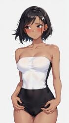 ai_assisted ai_generated black_hair blush brown_eyes cookie-girl female female_only grabbing_clothing looking_away pussy_juice pussy_juice_drip pussy_juice_drip_through_clothes shy small_breasts smile swimwear