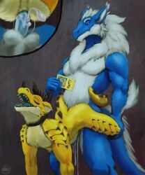 absurd_res anal anal_sex anthro anthro_on_anthro anthro_penetrated anthro_penetrating anthro_penetrating_anthro balls big_dom_small_sub blue_body bodily_fluids cum cum_drip cum_in_ass cum_inside cum_on_penis dominant dragon dripping ear ejaculation from_behind_position fur furred_dragon furred_scalie genital_fluids genitals hi_res horn kobold lanyard leash leash_pull male male/male male_penetrated male_penetrating male_penetrating_anthro male_penetrating_male mythological_creature mythological_scalie mythology open_mouth penetration penile penile_penetration penis penis_in_ass reku_illustration scalie sex size_difference tail talreth teeth white_body yellow_body yellow_fur