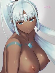 1girls aqua_hair artist_request big_breasts blue_eyes blue_hair dark-skinned_female dark_skin female female_only long_hair looking_at_viewer nintendo nipples nude perun_(xenoblade) pussy smiling smiling_at_viewer solo thick_thighs viewed_from_below white_background xenoblade_(series) xenoblade_chronicles_(series) xenoblade_chronicles_2