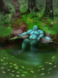 anthro belly big_belly blue_body blue_tail blush blush_lines bodily_fluids foreskin generation_2_pokemon genitals male musk musk_clouds nintendo one_eye_closed outdoor_nudity outside overweight overweight_male penis pokemon pokemon_(species) quagsire reclining solo swamp sweat tail thick_thighs water wink ygfloodles