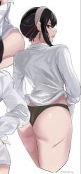 ass black_hair black_panties cropped_legs earrings female from_behind hairband injury jewelry multiple_views open_mouth panties red_eyes scar shirt simple_background spy_x_family tommietomm tommy_(kingdukeee) underwear white_hairband white_shirt yor_briar