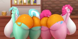 2018 2:1 absurd_res alcohol ass ass_to_ass bar beer beverage big_breasts breasts clothed clothing cutie_mark dock_(anatomy) duo equid equine female friendship_is_magic hair hasbro hi_res horn huge_breasts hyper hyper_breasts hyperstorm_h inside lyra_heartstrings_(mlp) mammal my_little_pony mythological_creature mythological_equine mythology pinkie_pie_(mlp) smile tail thick_thighs unicorn