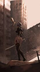 2b_(nier:automata) ass back_cutout black_blindfold black_footwear black_gloves blindfold boots breasts clothing_cutout covered_eyes dusk facing_ahead feather-trimmed_sleeves female from_side full_body gloves grey_hair high_heel_boots high_heels highleg highleg_leotard holding holding_sword holding_weapon juliet_sleeves katana large_breasts leotard light_particles long_sleeves mole mole_under_mouth nier:automata nier_(series) outdoors pod_(nier:automata) puffy_sleeves ruins short_hair sword thigh_boots thighhighs tommietomm tommy_(kingdukeee) weapon white_leotard