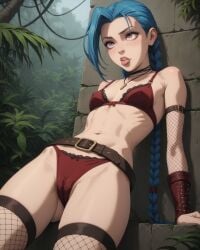 1girls ahe_gao ai_generated belt blue_hair blush blush_lines bra braided_ponytail cameltoe cutina female female_only fishnet_armwear fishnet_legwear fishnet_stockings fishnets fit fit_female foggy horny horny_female jinx_(league_of_legends) jungle league_of_legends leaning leaning_back leather lingerie necklace nipple_bulge pale-skinned_female pale_skin panties perfect_body pink_eyes rolling_eyes sexy skinny small_breasts smaller_female stone_wall tongue tongue_out