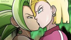 16:9 2d 2girls android_18 animated blonde_hair blue_eyes dragon_ball dragon_ball_super earrings female female_only female_saiyan french_kissing gif green_hair kefla kissing milf multiple_girls potara_earrings saiyan solodusk57 source_request super_saiyan yuri