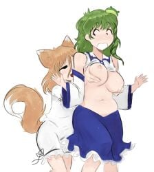 2girls aki_fideo big_breasts clothed female female/female female_focus female_only fox fox_ears fox_girl fox_tail frog from_behind from_behind_position green_hair groping groping_breasts hi_res highres kudamaki_tsukasa light-skinned_futanari light_skin light_skinned_female pale-skinned_female pale-skinned_futanari pale_skin sanae_kochiya smug smug_face surprise surprised touhou yuri