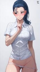 ai_assisted ai_generated blue_hair blush cookie-girl looking_away panties_down pussy_juice pussy_juice_drip shy white_background white_shirt