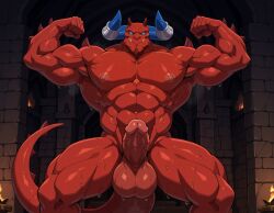 1boy abs ai_generated balls bara blue_eyes booster_rex chaor chaotic colored_skin completely_nude completely_nude_male demon demon_horns erection feet_out_of_frame horns large_pectorals looking_at_viewer male male_focus male_only mature mature_male muscular muscular_male nipples nude nudity pectorals penis red_body solo spikes tail testicles thick_thighs thighs uncensored veins veiny_penis