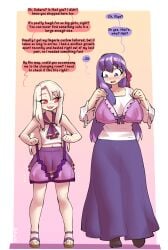 1futa 1girls ball_bra big_breasts blush borvar bra clothing fate/stay_night fate_(series) flat_chest illyasviel_von_einzbern implied_futanari matou_sakura purple_eyes purple_hair red_eyes size_difference smug text white_hair