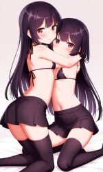 ai_generated black_hair bra hugging petite red_eyes skirt small_breasts twins