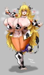 alternate_body_type alternate_breast_size alternate_costume blonde_hair breast_squeeze breasts_bigger_than_head breasts_bigger_than_torso breasts_squeezed_together breath cow_ears cow_girl cow_horns cow_print cow_tail gigantic_breasts heart-shaped_pupils heart_eyes horny_female huge_breasts hyper_breasts odakubara purple_eyes rwby sweating tagme venus_body yang_xiao_long