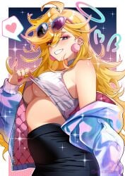 bare_shoulders blonde_hair blue_eyes breasts ear_piercing female glasses jacket looking_at_viewer makeup nail_polish panty_&_stocking_with_garterbelt panty_anarchy sachichuu skirt underboob