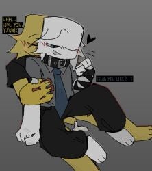 2boys 2d 2d_(artwork) after_sex blush bottomless clothed_male_nude_male clothed_sex collar cum cum_drip gay happy heart male male_only original original_character penis roblox roblox_avatar scar self_upload text white_skin yawned_beef yellow_skin