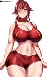 1girls anna_(fire_emblem) arcedo artist_name big_breasts breasts busty child_bearing_hips cleavage clenched_hands covered_erect_nipples curvy female female_only fire_emblem highres large_breasts looking_at_viewer medium_hair midriff navel nintendo ponytail red_eyes red_hair seductive seductive_look seductive_smile sensual shorts smile solo sports_bra sportswear thong toned voluptuous whale_tail wide_hips