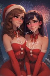 ai_assisted blush bow brown_eyes brown_hair cookie-girl cum_in_mouth cum_on_breasts cum_trail fireworks hermione_granger santa_costume santa_dress santa_hat violet_hair violet_parr